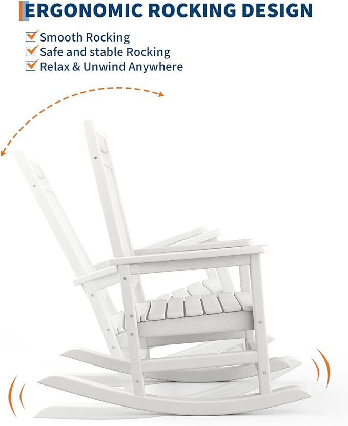 GarveeHome Adirondack Outdoor Rocking Chair, All Weather HDPE Plastic Patio Rocker Chair with Wide Armrests, Classic Fire Pit Chair for Porch, Deck, Lawn, Garde, 380LBs, Easy to Install, White