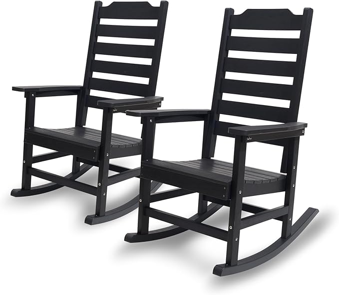 Rocking Chair Set of 2,All Weather Courtyard for Outside Balcony Gardens，High Back Outdoor Rocking Chair with 360lbs，Black