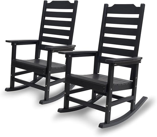 Rocking Chair Set of 2,All Weather Courtyard for Outside Balcony Gardens，High Back Outdoor Rocking Chair with 360lbs，Black
