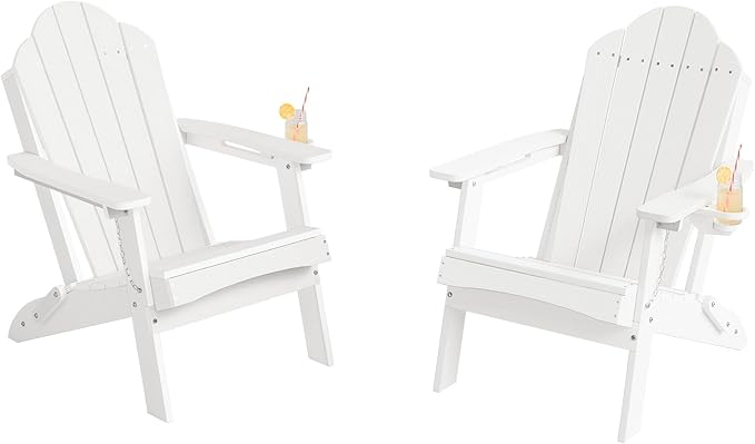 Foldable HDPE Adirondack Chairs Set of 2, Porch, Balcony, Patio, Weather Resistant Outdoor Furniture, Hidden Cup Holder, White