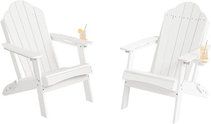Foldable HDPE Adirondack Chairs Set of 2, Porch, Balcony, Patio, Weather Resistant Outdoor Furniture, Hidden Cup Holder, White