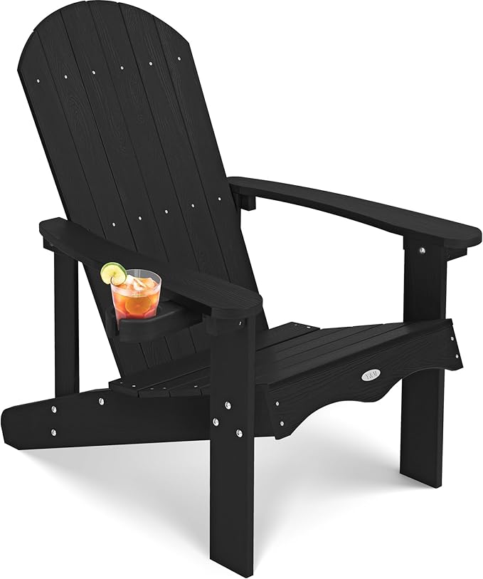 Y&M Adirondack Chair, Black Fire Pit Chairs, Outdoor Patio Chairs with Cup Holder, Weather Resistant HDPE Wooden Textured Patio Chairs, Perfect for Garden, Lawn, Deck, or Poolside