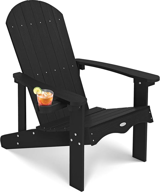 Y&M Adirondack Chair, Black Fire Pit Chairs, Outdoor Patio Chairs with Cup Holder, Weather Resistant HDPE Wooden Textured Patio Chairs, Perfect for Garden, Lawn, Deck, or Poolside