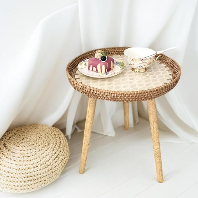 Small Rattan Side Table/Round Coffee Table for Small Spaces, Mini Modern Coffee Table with Shell Design Tray - Photo 1