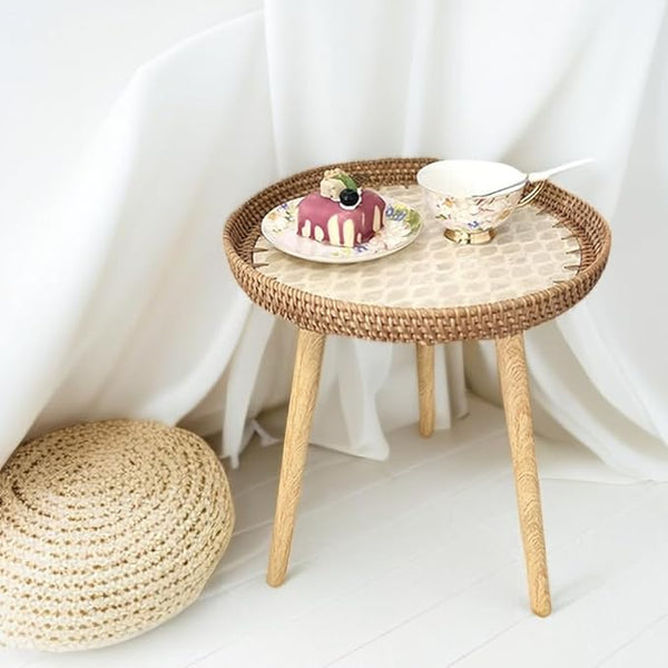 Small Rattan Side Table/Round Coffee Table for Small Spaces, Mini Modern Coffee Table with Shell Design Tray - Photo 1