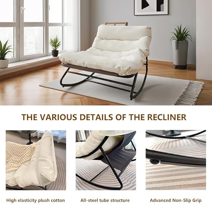 Outdoor Papasan Rocking Chair with Cushion, Oversized Patio Lounge Rocker, Heavy Duty 350 lbs Capacity, Comfortable Indoor & Outdoor Chair for Garden, Lawn, Bedroom, Living Room, White