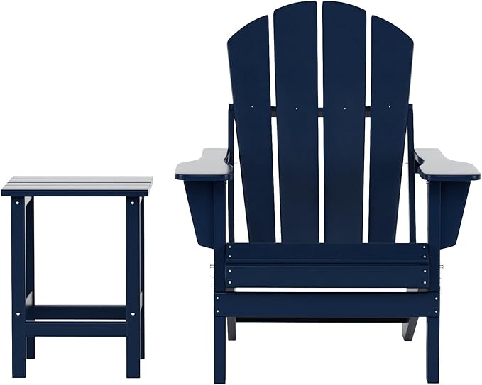 WestinTrends Malibu 2-Pieces Adirondack Chair Set with Side Table, All Weather Outdoor Seating Plastic Patio Lawn Chair Folding for Outside Porch Deck Backyard, Navy Blue