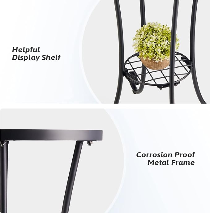 VONLUCE Patio Side Table and Plant Stand, 21" End Table with 14" Ceramic Tile Top for Porch Garden Decor, Indoor & Outdoor Accent Table, Living Room Bedroom Balcony Furniture for Home Garden, Faberge
