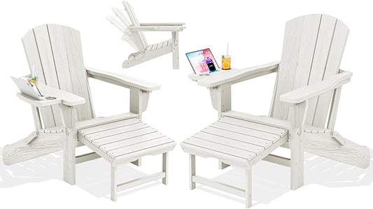 KINGYES Adjustable Folding Adirondack Chair with Footrest & 4-in-1 Multi-Functional Armrest Organizer Set of 2, HDPE Foldable Recliner Adirondack Chair with Pull-Out Ottoman, White