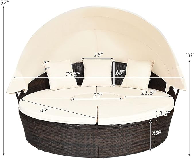 RELAX4LIFE Round Outdoor Daybed with Canopy, Rattan Wicker Sectional Sofa Set w/Cushions, Height Adjustable Table, Conversation Bed Lounger Separated Seating for Outside Pool, Patio Daybed (Off White)
