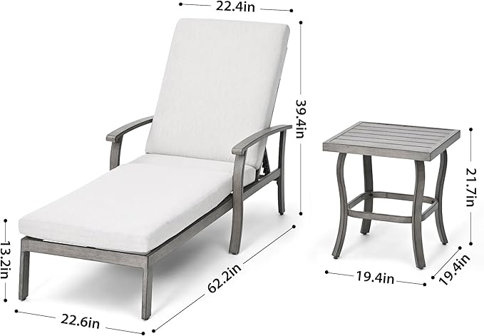 HAPPATIO Aluminum Patio Chaise Lounge Set 3 Pieces, Aluminum Patio Lounge Chair with Side Table, Pool Lounge Chair with Cushions for Patio Deck Poolside (Gray)