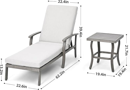 HAPPATIO Aluminum Patio Chaise Lounge Set 3 Pieces, Aluminum Patio Lounge Chair with Side Table, Pool Lounge Chair with Cushions for Patio Deck Poolside (Gray)