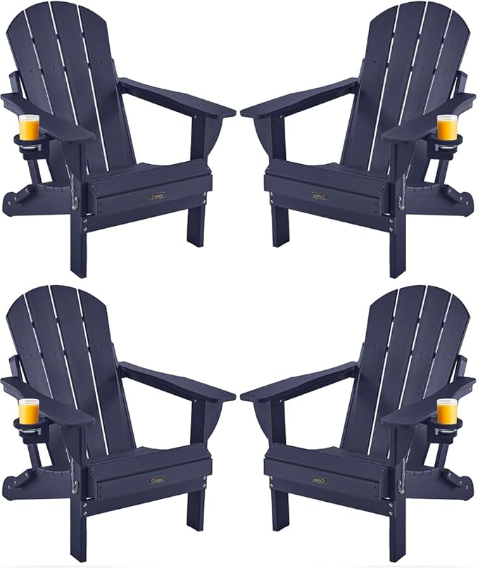 Ciokea Folding Adirondack Chairs Set of 4, Patio Adirondack Chair Weather Resistant, Plastic Fire Pit Chair with Cup Holder, Lawn Chair for Outdoor Porch Garden Backyard Deck, Dark Navy Blue