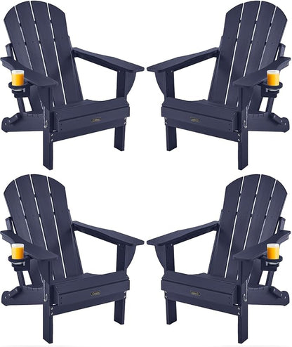 Ciokea Folding Adirondack Chairs Set of 4, Patio Adirondack Chair Weather Resistant, Plastic Fire Pit Chair with Cup Holder, Lawn Chair for Outdoor Porch Garden Backyard Deck, Dark Navy Blue