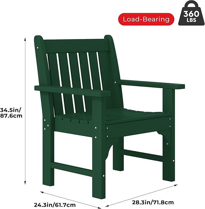 Costaelm Outdoor Dining Arm Chair, Patio HDPE Garden Dining Table Chair, Poly Lumber Waterproof Restaurant Bistro Farmhouse Chairs for Outside Porch Backyard, Dark Green