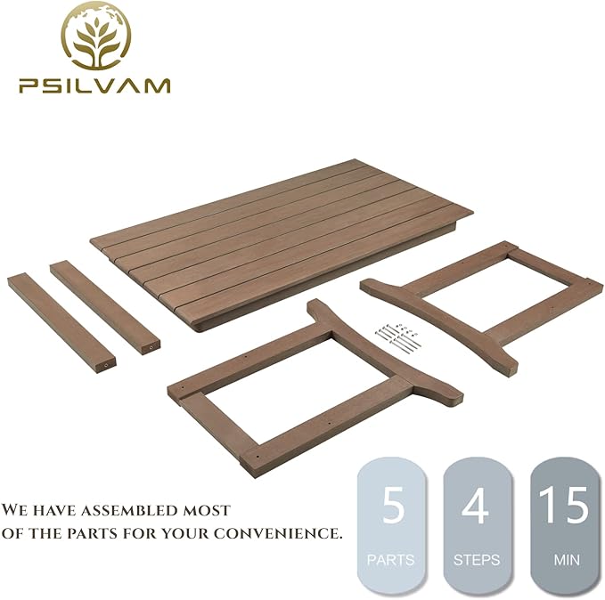 Psilvam Outdoor Dining Table, 6-Person Poly Lumber Patio Table, Weather Resistant Outdoor Table That Never Rust, Suitable for Garden & Backyard, Net Weight 90 LBs (59" D x 31 1/2" W x30 H, Brown)