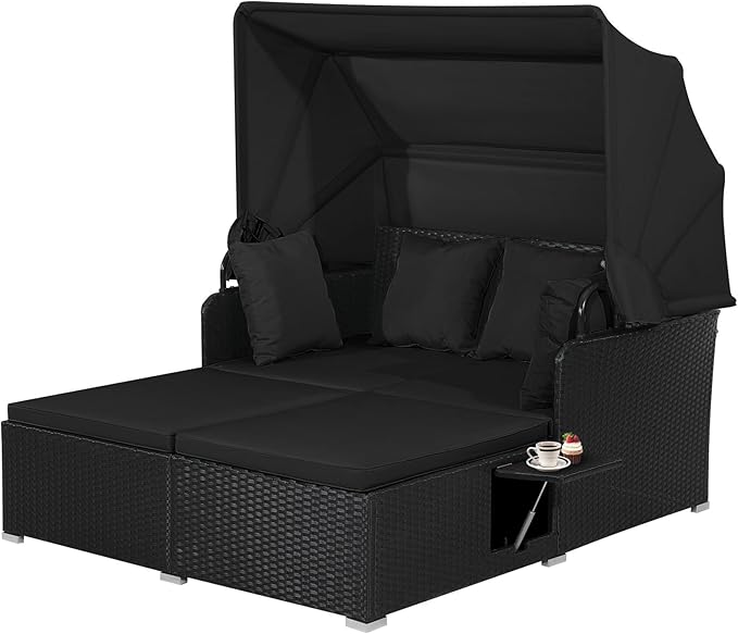 Moccha Outdoor Daybed with Retractable Canopy, Wicker Cabana with 2 Side Tables & Soft Cushions ,Hand-Woven PE Rattan Bed Lounger, Patio Sectional Furniture Set for Garden Backyard Porch (Black)