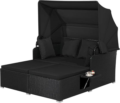 Moccha Outdoor Daybed with Retractable Canopy, Wicker Cabana with 2 Side Tables & Soft Cushions ,Hand-Woven PE Rattan Bed Lounger, Patio Sectional Furniture Set for Garden Backyard Porch (Black)