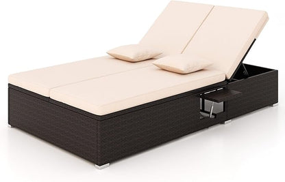 RELAX4LIFE Rattan Outdoor Patio Daybed - Wicker Double Chaise Lounge Chair w/6-Position Backrest, 2 Folding Side Trays, Cushions, Recliner Loveseat Sunbed for Backyard Pool, 2-Seater Patio Bed Lounger