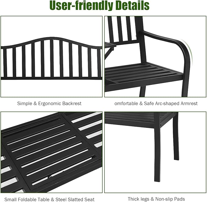 DORTALA Patio Garden Bench w/Steel Frame, Heavy-Duty Metal Park Bench, Outdoor Loveseat w/Foldable Middle Table, Ergonomic Backrest for Lawn, Porch, Path, Black