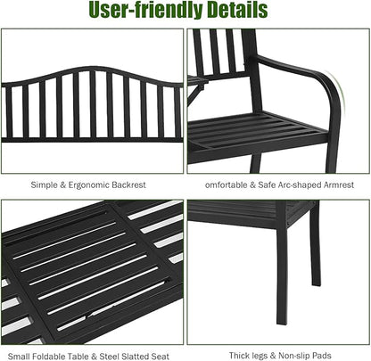 DORTALA Patio Garden Bench w/Steel Frame, Heavy-Duty Metal Park Bench, Outdoor Loveseat w/Foldable Middle Table, Ergonomic Backrest for Lawn, Porch, Path, Black