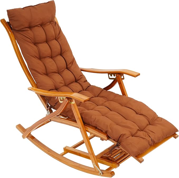 Folding Bamboo Rocking Chair, Adjustable Back Patio Reclining Chair with Headrest Pillow - Photo 1