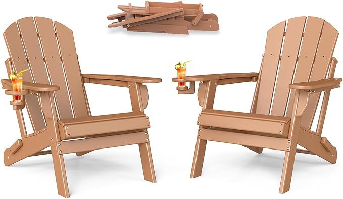 BRIOPAWS Folding-Adirondack-Chairs Set of 2 | HDPE | Fire Pit Chair | Cup Holder | Weather Resistance | Teak | for Outdoor Backyard Deck Patio
