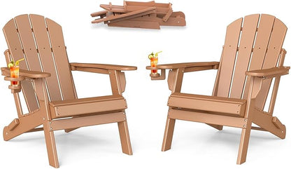 BRIOPAWS Folding-Adirondack-Chairs Set of 2 | HDPE | Fire Pit Chair | Cup Holder | Weather Resistance | Teak | for Outdoor Backyard Deck Patio