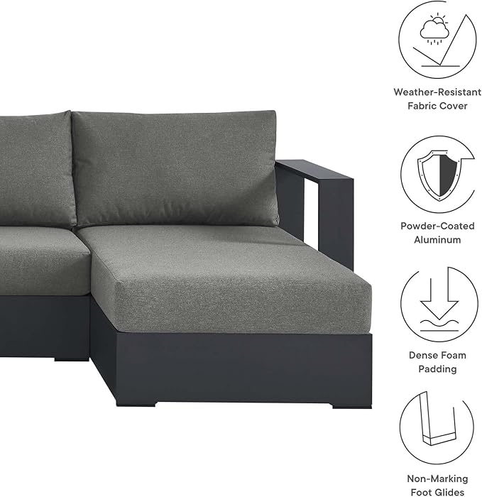 Modway Tahoe Aluminum 4-Piece Outdoor Patio Furniture Gray Charcoal, Modular Sectional Sofa Set with Chaise Lounges, Weather-Resistant Cushion, Ideal for Deck, Backyard, Poolside
