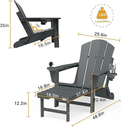 Mdeam Folding Adirondack Chair with Retractable Ottoman, HDPE All-Weather Fire Pit Chair with 2 Cup Holders, Outdoor Chair for Deck Patio Garden Backyard Lawn (Grey)