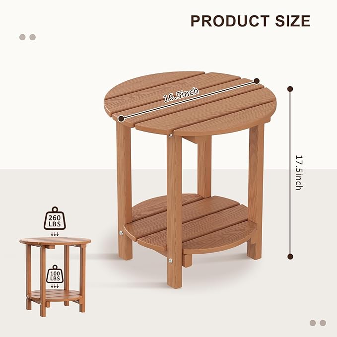 2 Tier Round Outdoor Side Table with Wood-Like Grain, HDPE Adirondack Table Patio Side Table, Weather Resistant End Table for Pool, Patio & Porch, Small Outdoor Table (Teak, Round)