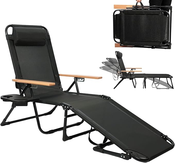 Folding Outdoor Chaise Lounge Chair with Arms, 4 Reclining Back Sunbathing Lounge Chair, Sun Tanning Chairs for Outside Portable with Cup Holders for Beach Patio Camping Poolside Yard (Black)