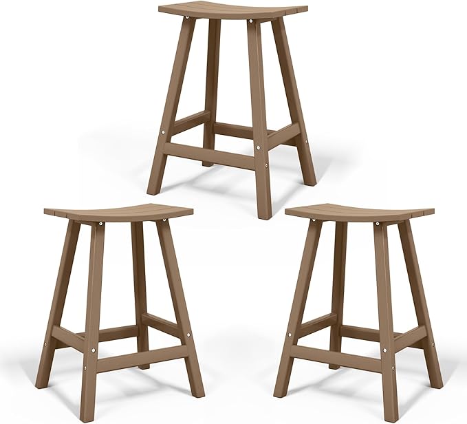 Costaelm All-Weather Bar Stools Set of 3, 29" Height Outdoor Bar Stools, Adirondack Poly Patio Bar Stool for Patio, Deck, Kitchen Counter and Garden, Weathered Wood
