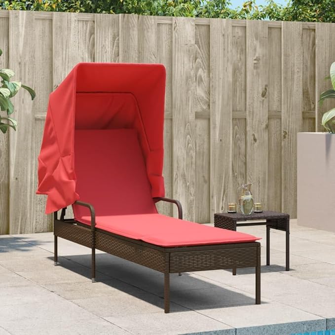 Patio Sun Lounger with Adjustable Backrest and Side Table, Brown PE Rattan Fabric on Powder-Coated Steel Frame - Photo 2