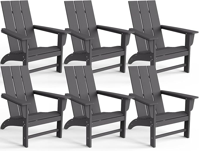 Modern Adirondack Chairs Set of 6, HDPE Plastic Patio Chairs for All Weather, Fire Pit Chair, Outdoor Lawn Chairs for Deck, Porch, Backyard, Garden, Slate Gray