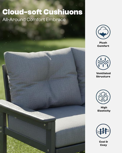 3 Piece HDPE Outdoor Patio Furniture Set, All-Weather 2 Armchairs with Side Table, Patio Conversation Set with Washable Thick Cushion for Balcony/Porch/Backyard, Grey