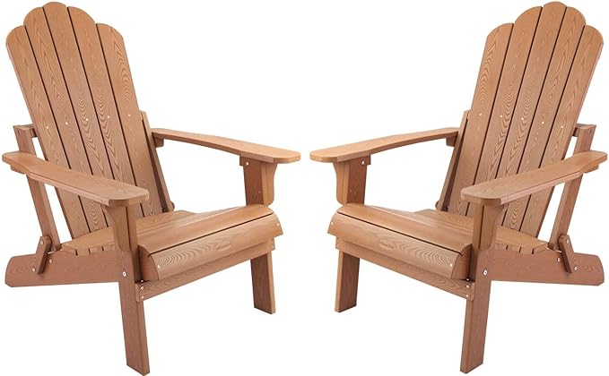 hOmeHua Folding Adirondack Chairs Set of 2, HIPS Foldable Adirondack Chairs Weather Resistant,Plastic Outdoor Chair for Patio, Backyard Deck, Fire Pit Lawn Porch (Wood Color)