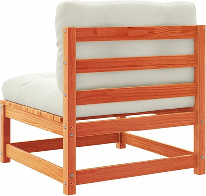 Solid Pine Wood Armless Garden Sofa Modular Outdoor Furniture with Weather-Resistant Cushions for Patio Terrace Balcony Rustic Brown Cream