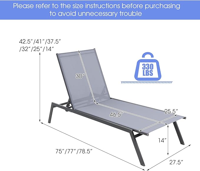 Tangkula Outdoor Adjustable Chaise Lounge Chair Set of 2, Patio 6-Position Recliner with Lay Flat Position and Quick-Drying Fabric, Outdoor Chaise Lounge for Poolside, Backyard (2, Grey, Large)