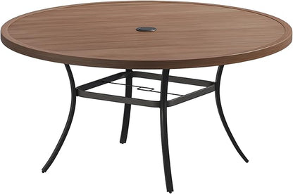 Patio Dining Table for 8-10, Round Metal Outdoor Table with 1.57" Umbrella Hole, 60" Outdoor Slat Tabletop Dining Table for Backyard, Porch, Lawn, Walnut