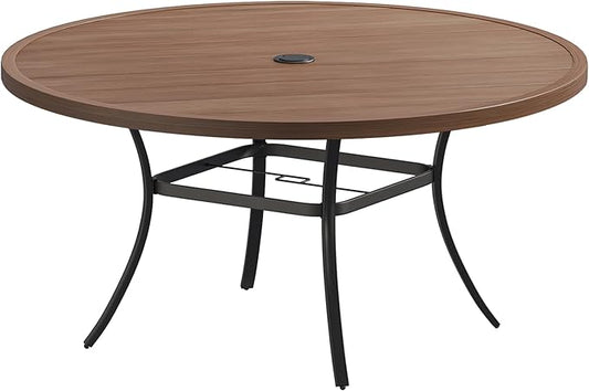 Patio Dining Table for 8-10, Round Metal Outdoor Table with 1.57" Umbrella Hole, 60" Outdoor Slat Tabletop Dining Table for Backyard, Porch, Lawn, Walnut