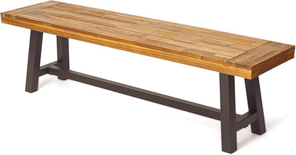 Outdoor Bench Set of 2 - Modern Industrial Acacia Wood Patio Benches, Weather-Resistant Powder-Coated Metal Frame & Slat Design, Backyard Garden Seating (63" W Each) (Brown)