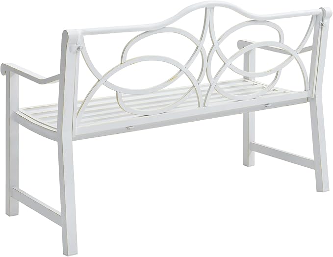 Outdoor Garden Bench White - Heavy Duty Metal Patio Bench with Backrest & Armrest, Rust-Proof Steel Frame, 3-Seater Slatted Seat for Yard, Porch, Park, Balcony - Modern Decorative Design
