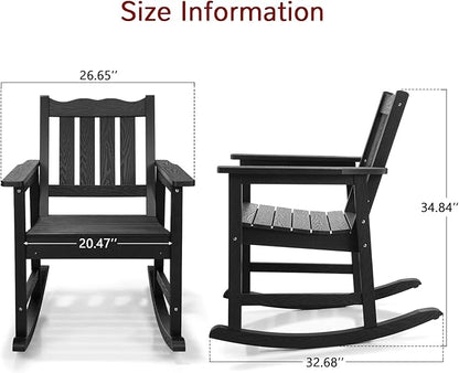 Stoog 3-Piece Patio Rocking Chairs with Table Set, All-Weather Porch Rocker with 400 lbs Support, Never Fade or Rot, Include 2 Rocking Chairs and 1 Side Table, Black