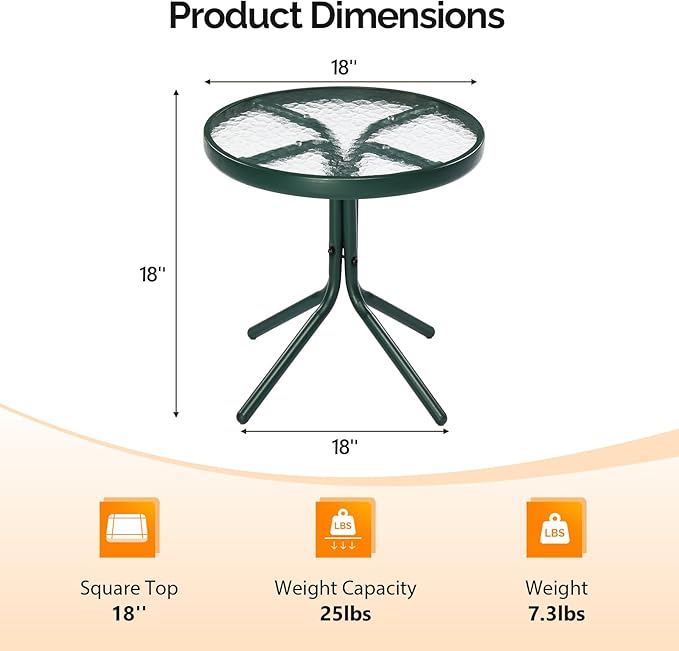 VINGLI Outdoor Side Table, 18" Patio Table Steel Frame Tempered Glass Top, Weatherproof Small Tables for Balcony Garden Poolside (Green, Round)