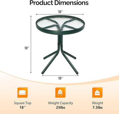 VINGLI Outdoor Side Table, 18" Patio Table Steel Frame Tempered Glass Top, Weatherproof Small Tables for Balcony Garden Poolside (Green, Round)