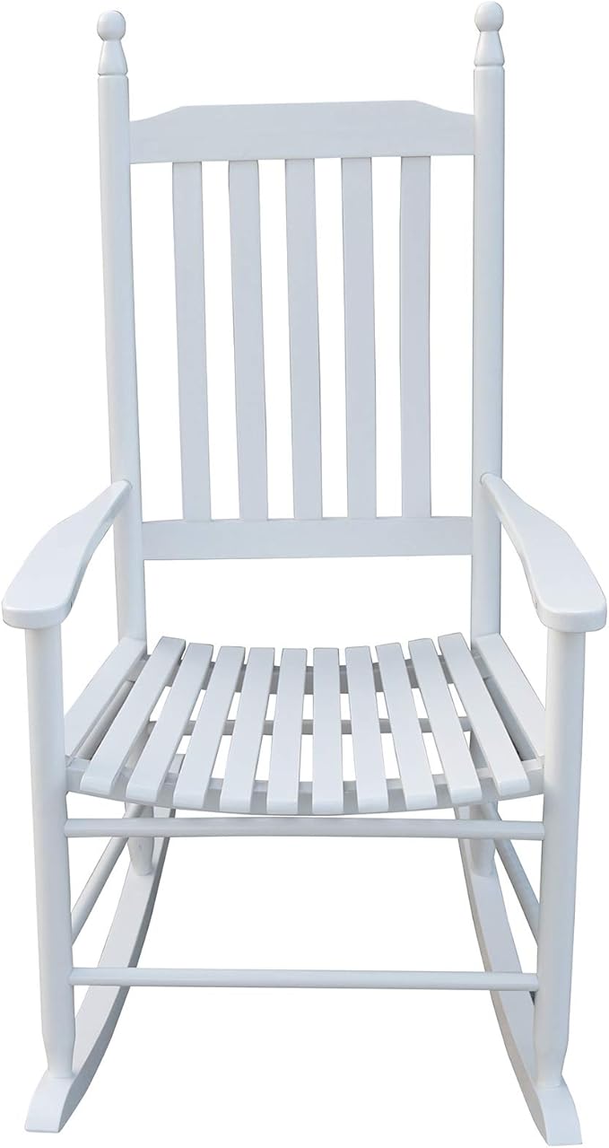 Wood Rocking Chair with High Back and Armrest for Indoor Outdoor Use, Wooden Frame Patio Porch Rocking Chair with Rocker, Front Porch Chairs for Deck Garden Lawn Balcony Backyard, White