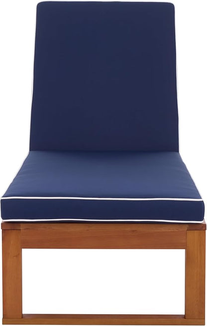 SAFAVIEH Outdoor Patio Furniture Collection - Sophie Natural Solid Wood Lounger with Navy Cushion & White Piping, Adjustable Backrest, Chaise Lounge Chair (PAT7101B)