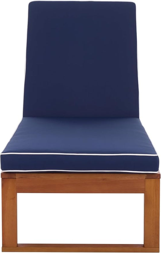 SAFAVIEH Outdoor Patio Furniture Collection - Sophie Natural Solid Wood Lounger with Navy Cushion & White Piping, Adjustable Backrest, Chaise Lounge Chair (PAT7101B)
