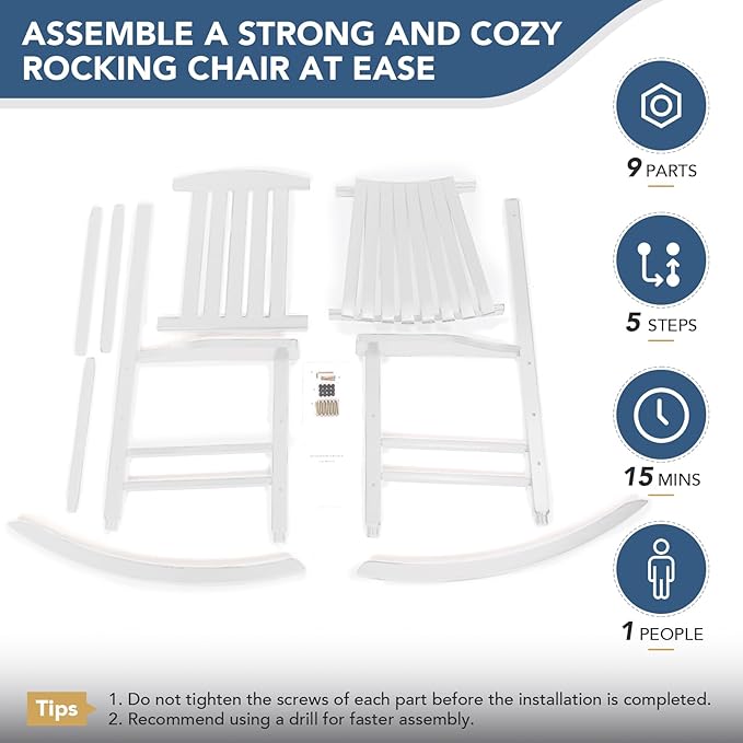 Wooden Outdoor Rocking Chair, Oversized Patio Rocking Chair w/400lbs Support & High Backrest | Porch, Lawn, Garden, Backyard，White